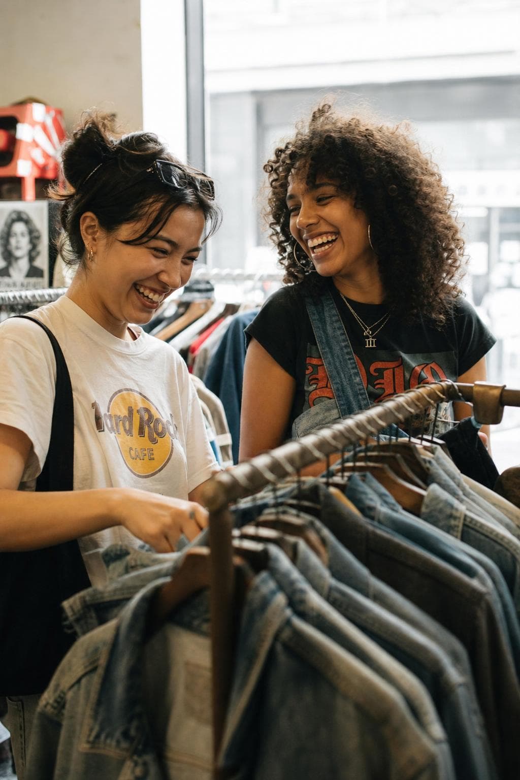 Two friends sorting through clothing finds