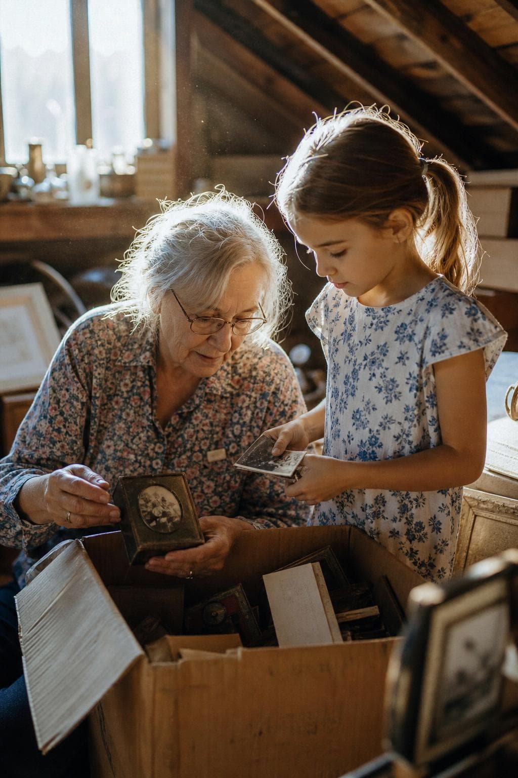 Grandmother and granddaughter unpacking collectibles from a sunlit attic